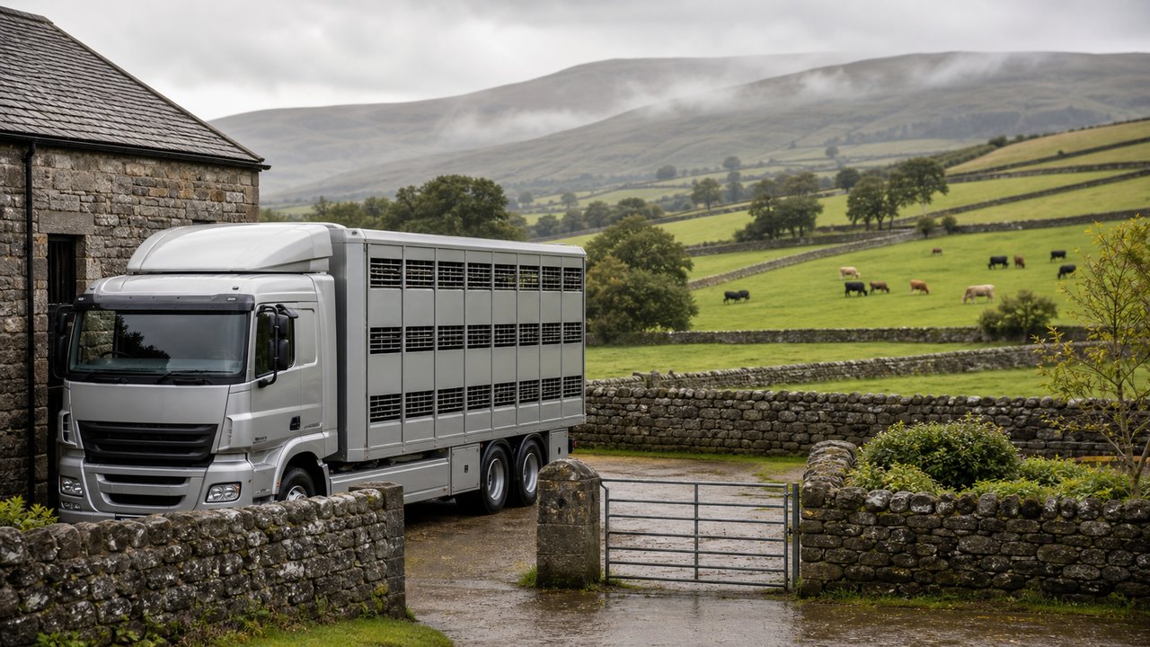 A calm Limerick farmyard at quiet morning light with a clean collection lorry ready for a respectful fallen stock pickup
